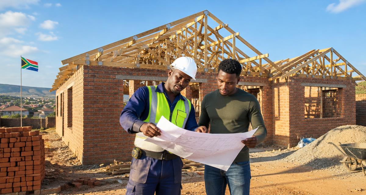 Builder and South African homeowner reviewing building plans at a brick house under construction with roof trusses