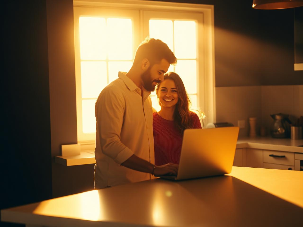 Young couple celebrating at their kitchen counter as they open the Gateway portal on a laptop, warm golden hour light