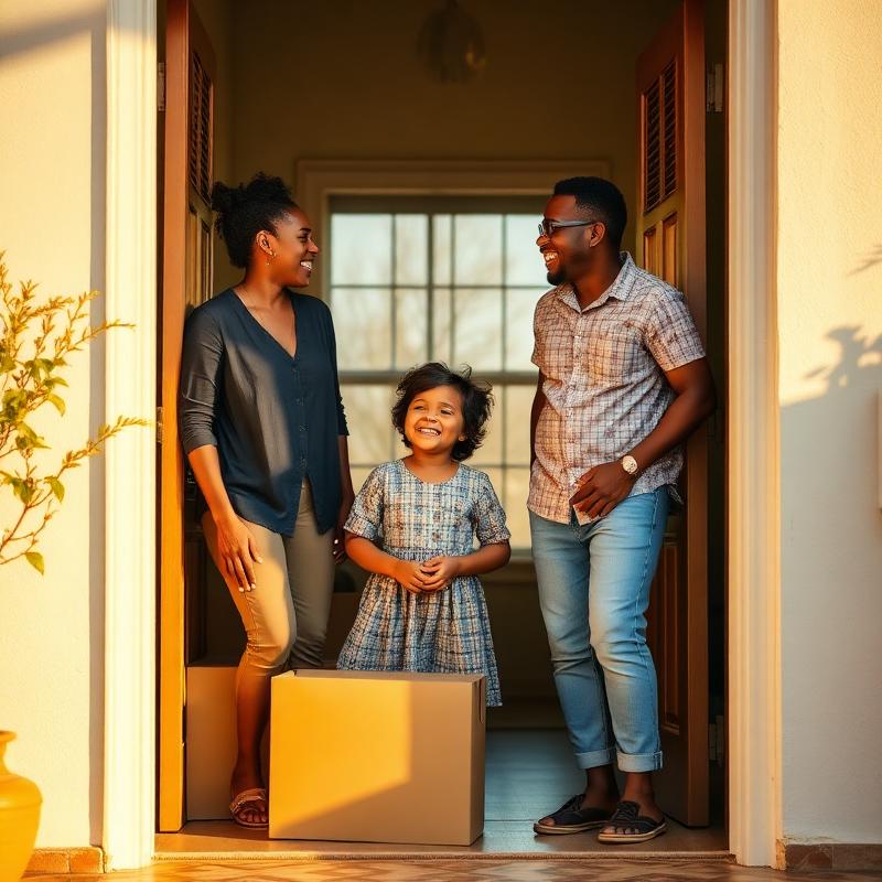 The Van Wyk family laughing together in the doorway of their new Stellenbosch home surrounded by moving boxes
