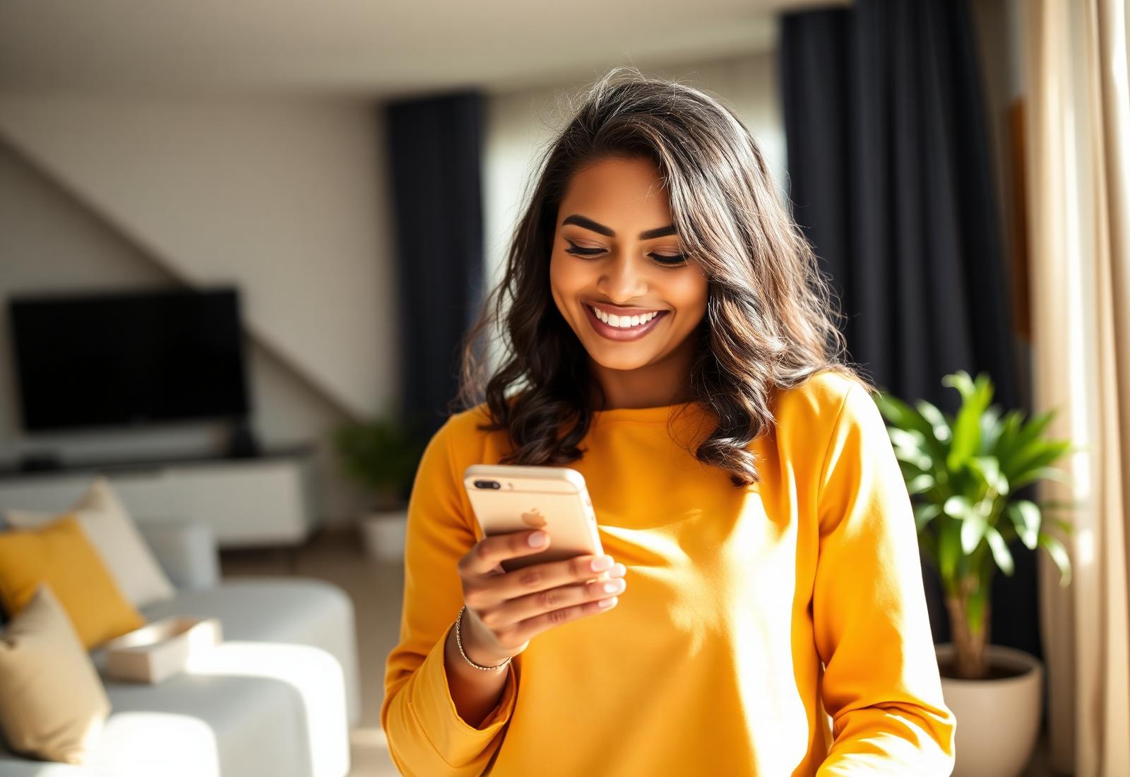 Woman smiling at her phone after receiving an instant home loan pre-approval