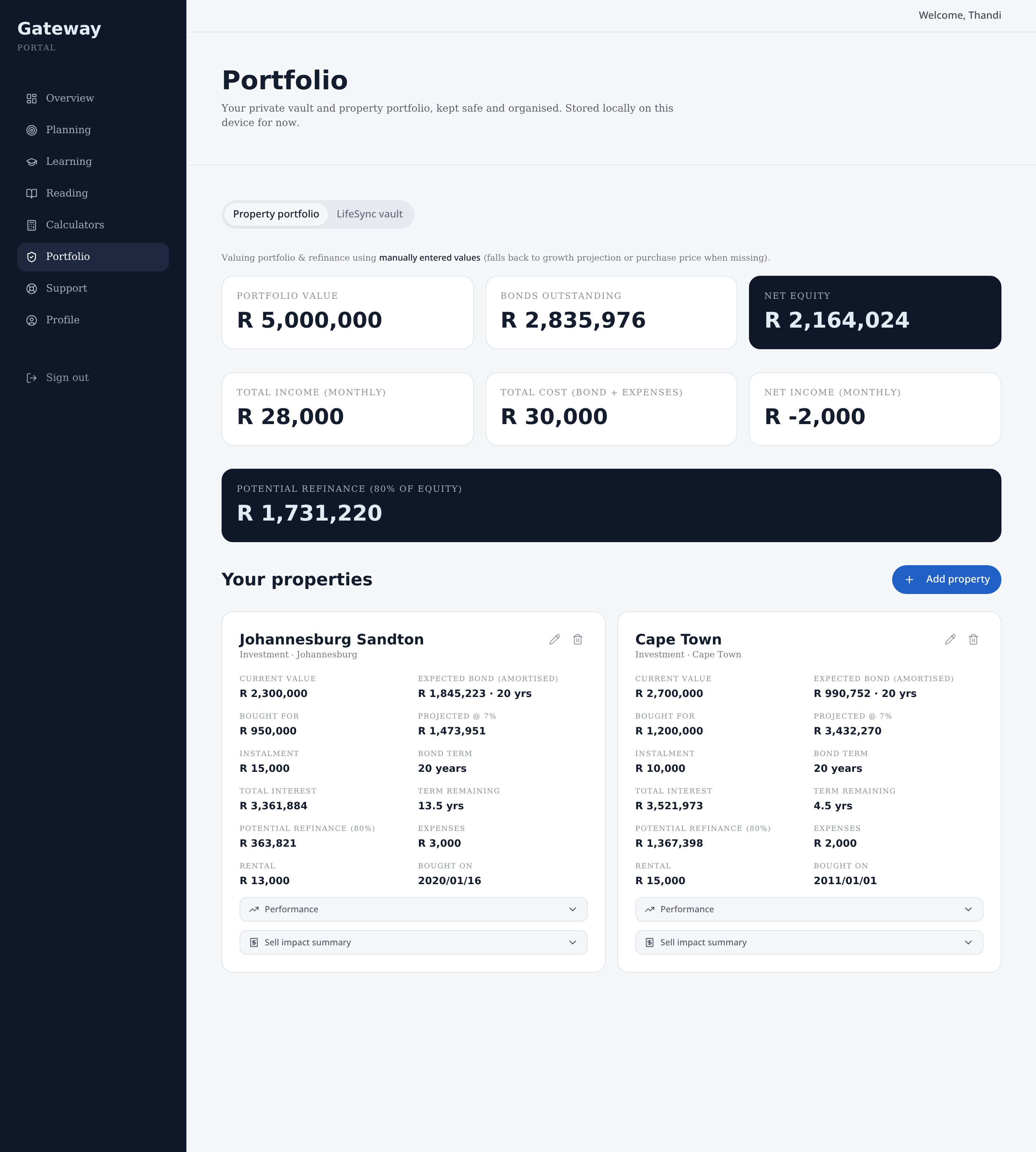 Gateway Property portfolio screen