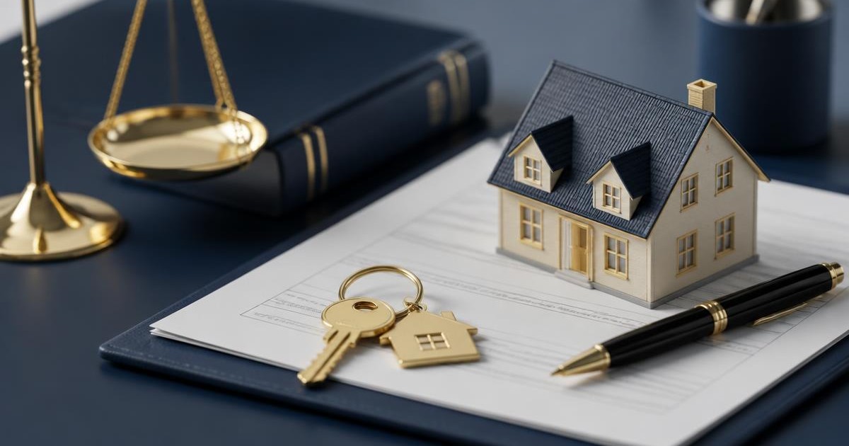 Model home, house keys and a pen on building plans beside a gold balance scale, illustrating plot-and-plan property finance