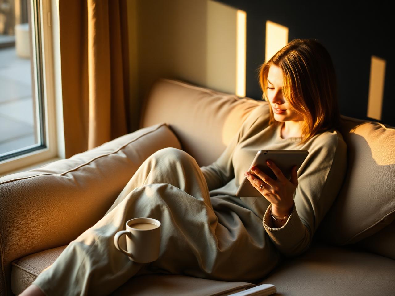 Person relaxing on a linen couch reading a Gateway lesson on a tablet in warm golden hour light