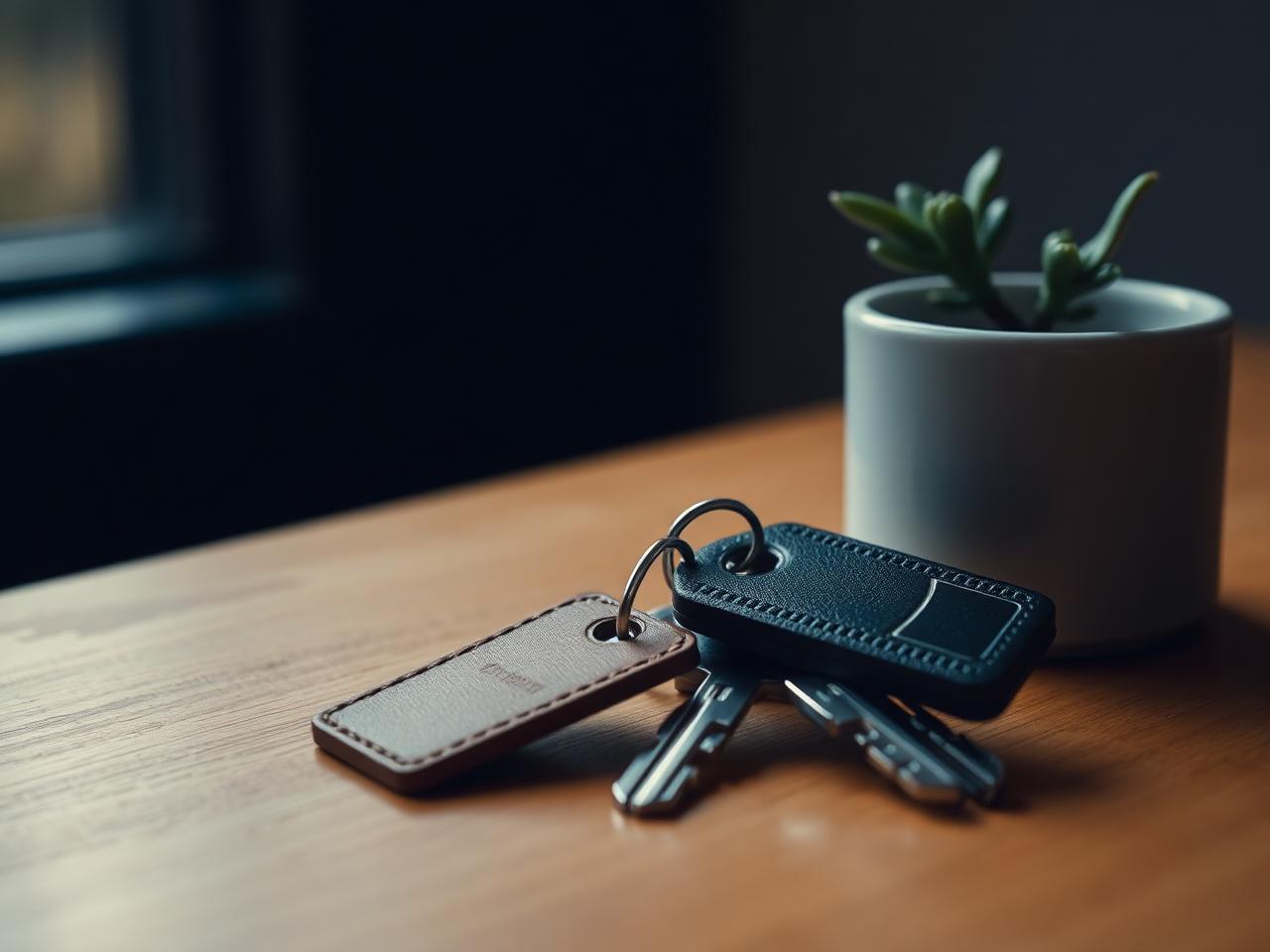 New house keys with a leather tag resting on a warm oak table beside a small potted plant