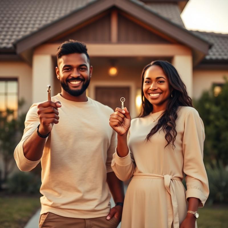 Thabo and Naledi holding up the keys to their new Centurion home at golden hour