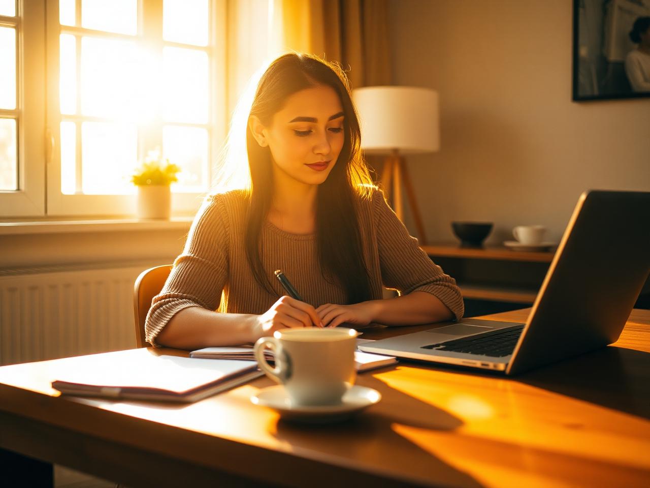 Young South African woman planning her first home purchase at a sunlit desk with notepad and laptop