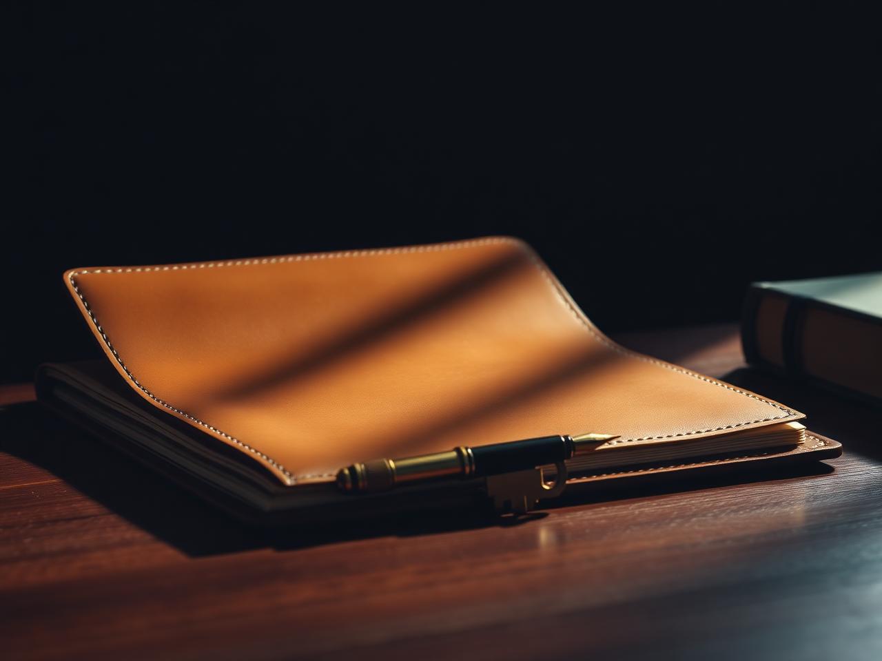 Elegant tan leather document folio on a dark walnut desk beside a brass key and gold-nib fountain pen