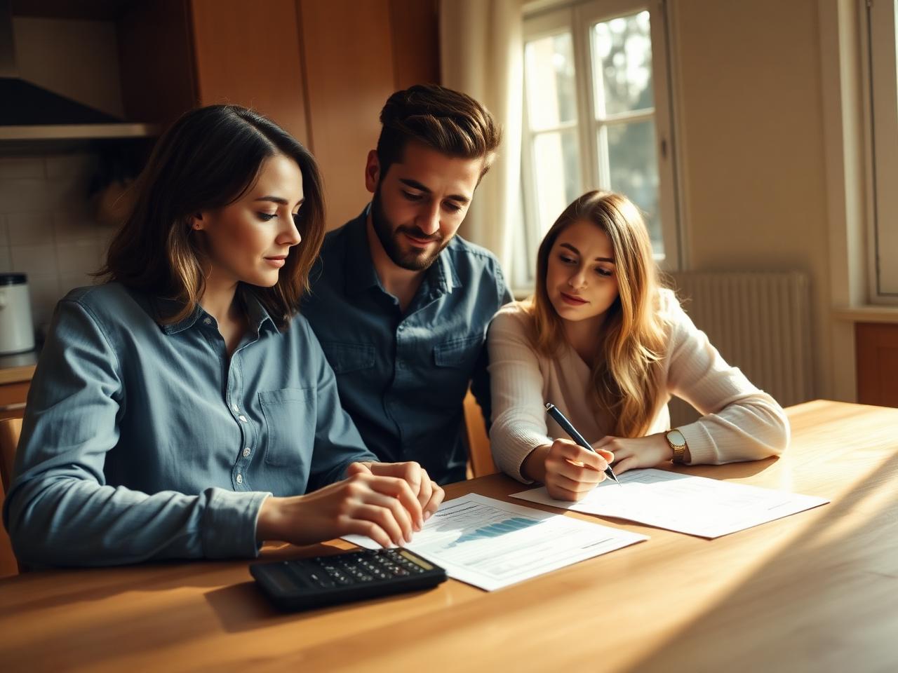 Young couple reviewing property numbers on printed papers with a calculator at a warm kitchen table