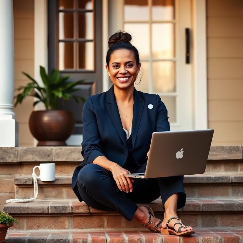 Ayesha smiling on the front steps of her first home with laptop and coffee