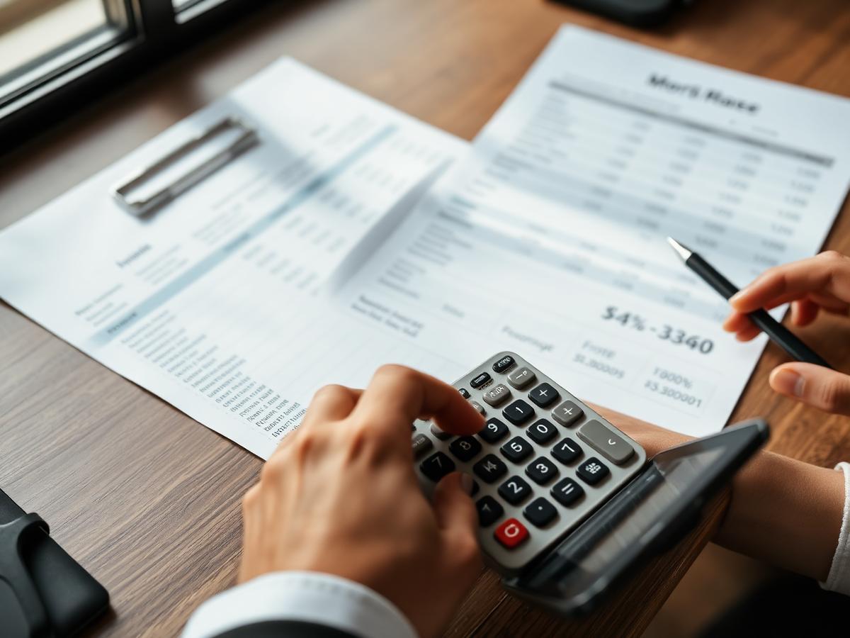 Calculator and home loan rate sheets used to compare interest rates and terms