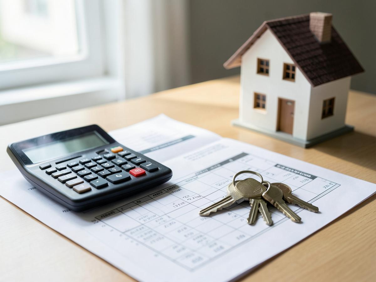 Calculator, property investment figures, house keys and a model house on a desk