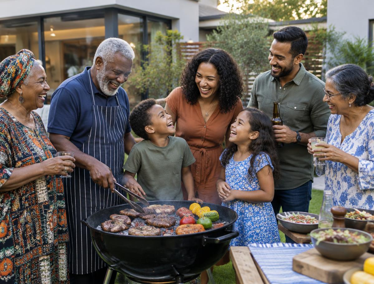 Multigenerational South African family braaiing together in the garden of their home on Heritage Day