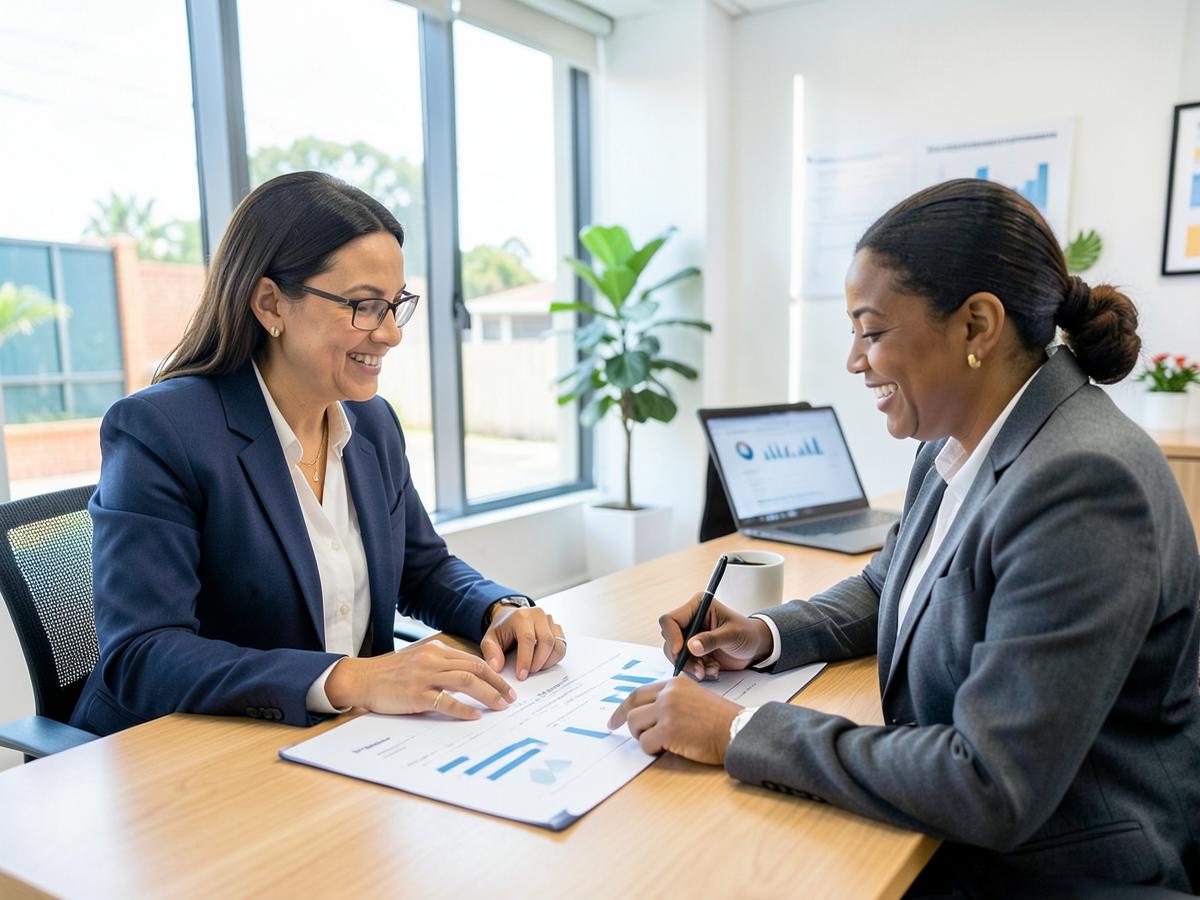 Mortgage specialist calculating the costs and benefits of refinancing an investment property with a client