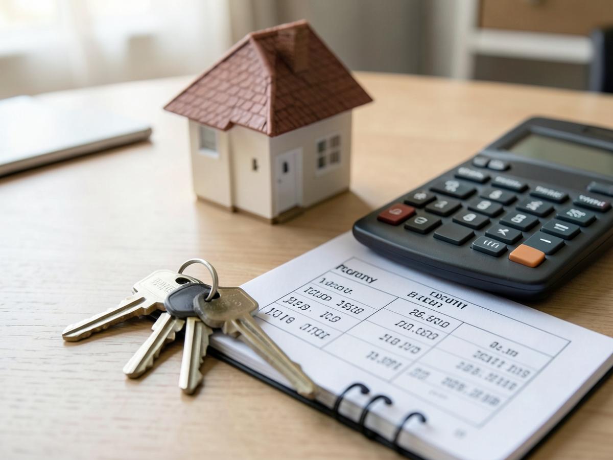 House keys, a model house and a calculator with property equity figures on a desk
