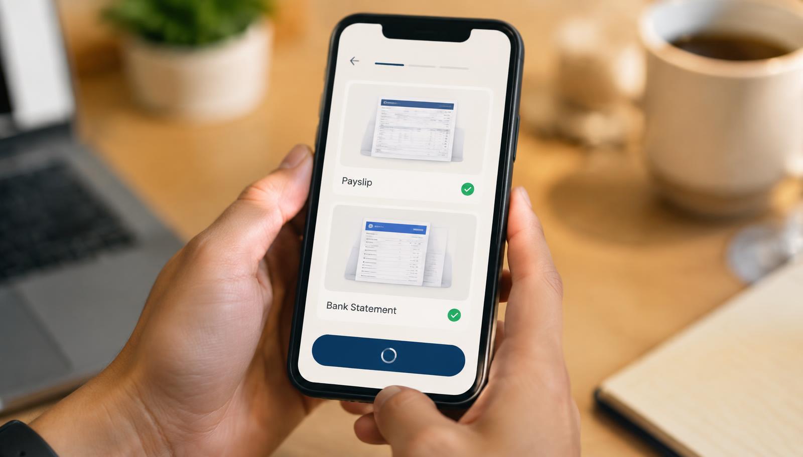 Uploading a payslip and bank statement to a home loan application on a smartphone
