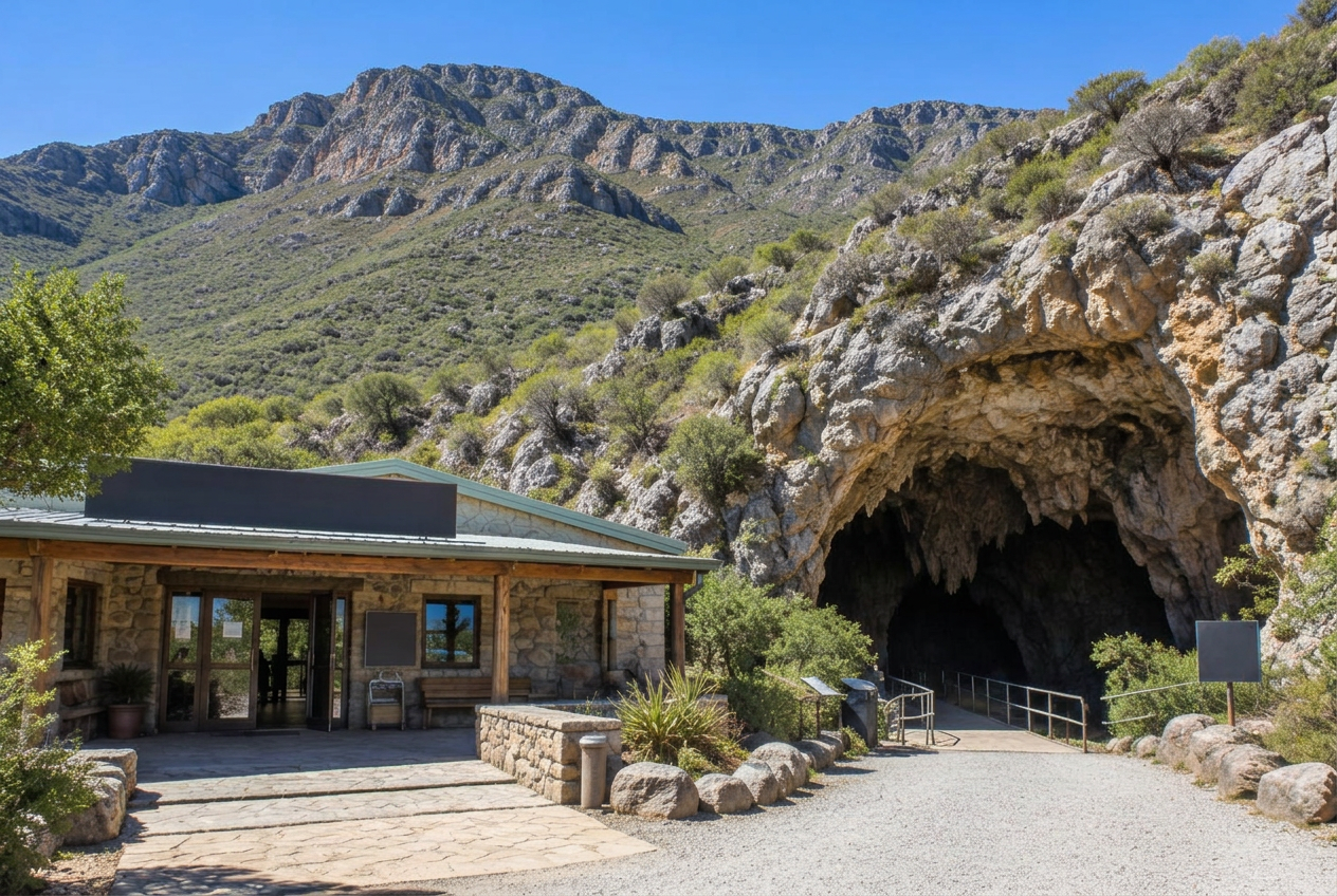 Visitor centre and cave entrance at the foot of the Swartberg mountains