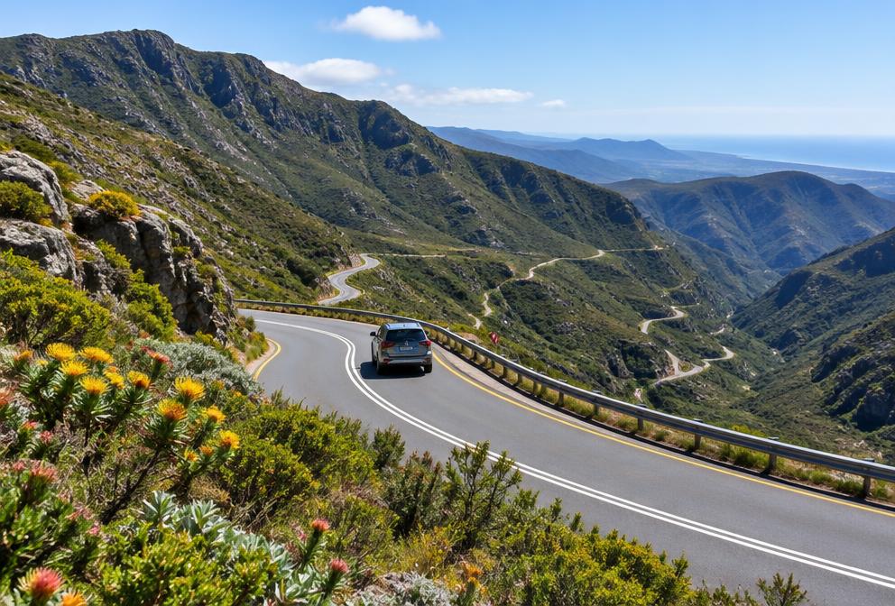 Car on a winding mountain pass road through fynbos-covered mountains