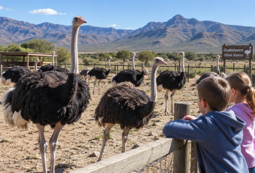 Children watching ostriches on a farm in the Klein Karoo