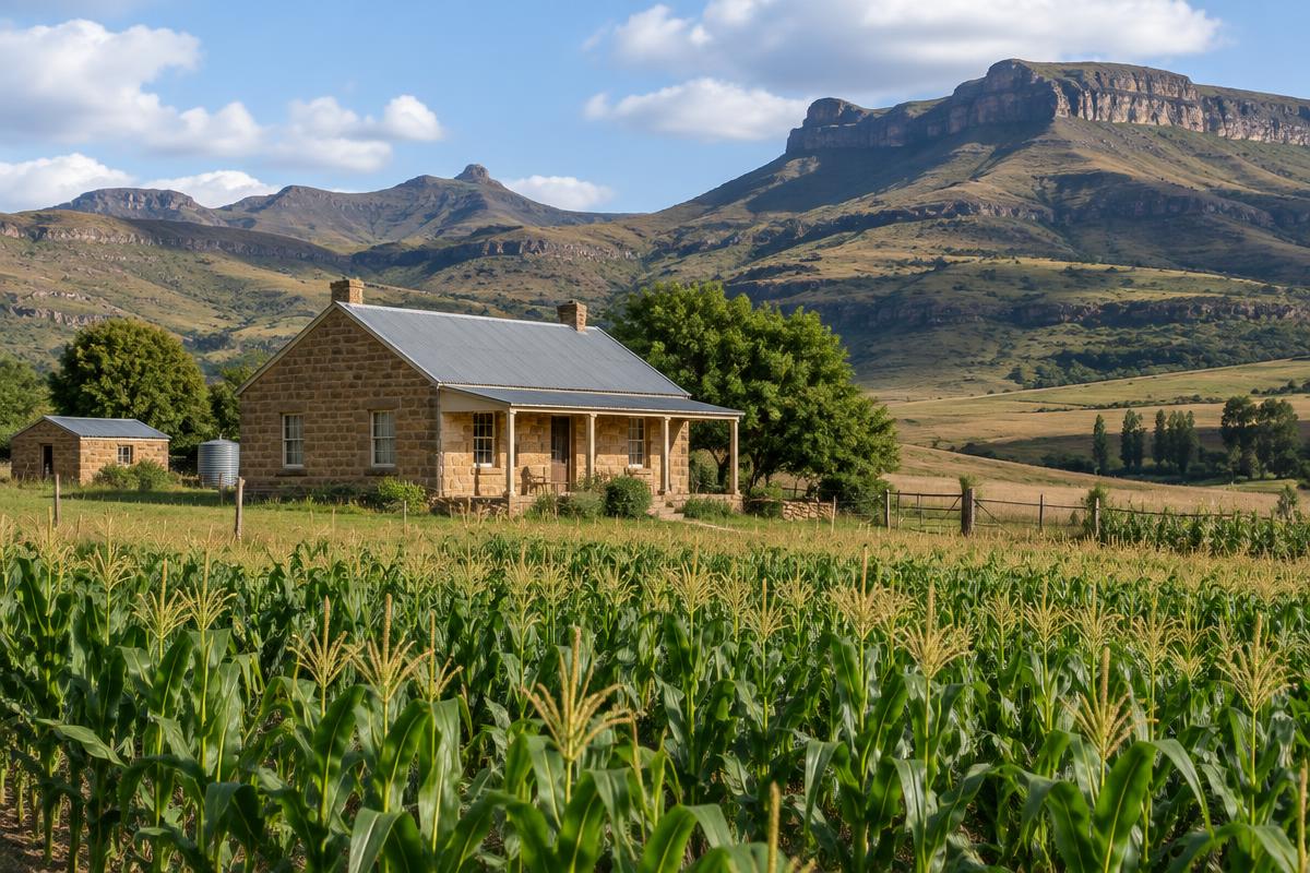 Maize fields and a farmstead below mountains in the eastern Free State