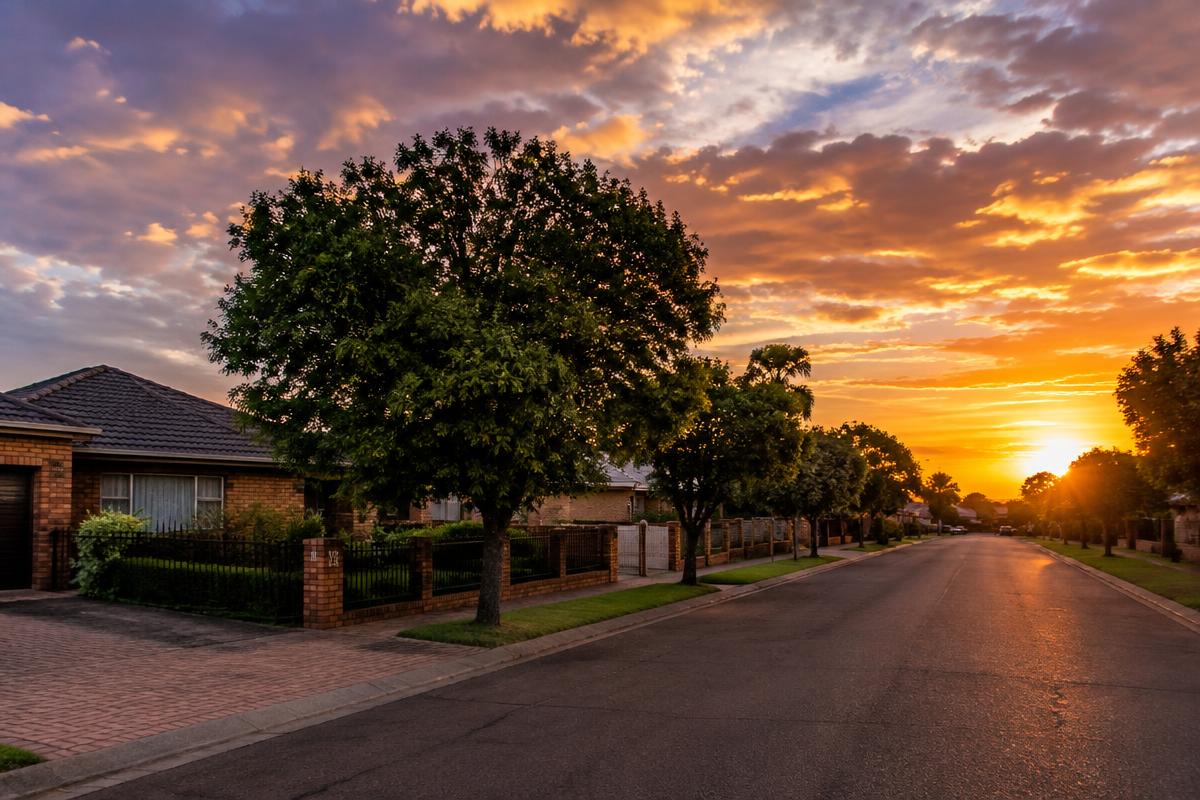 Leafy Bloemfontein suburban street at sunset