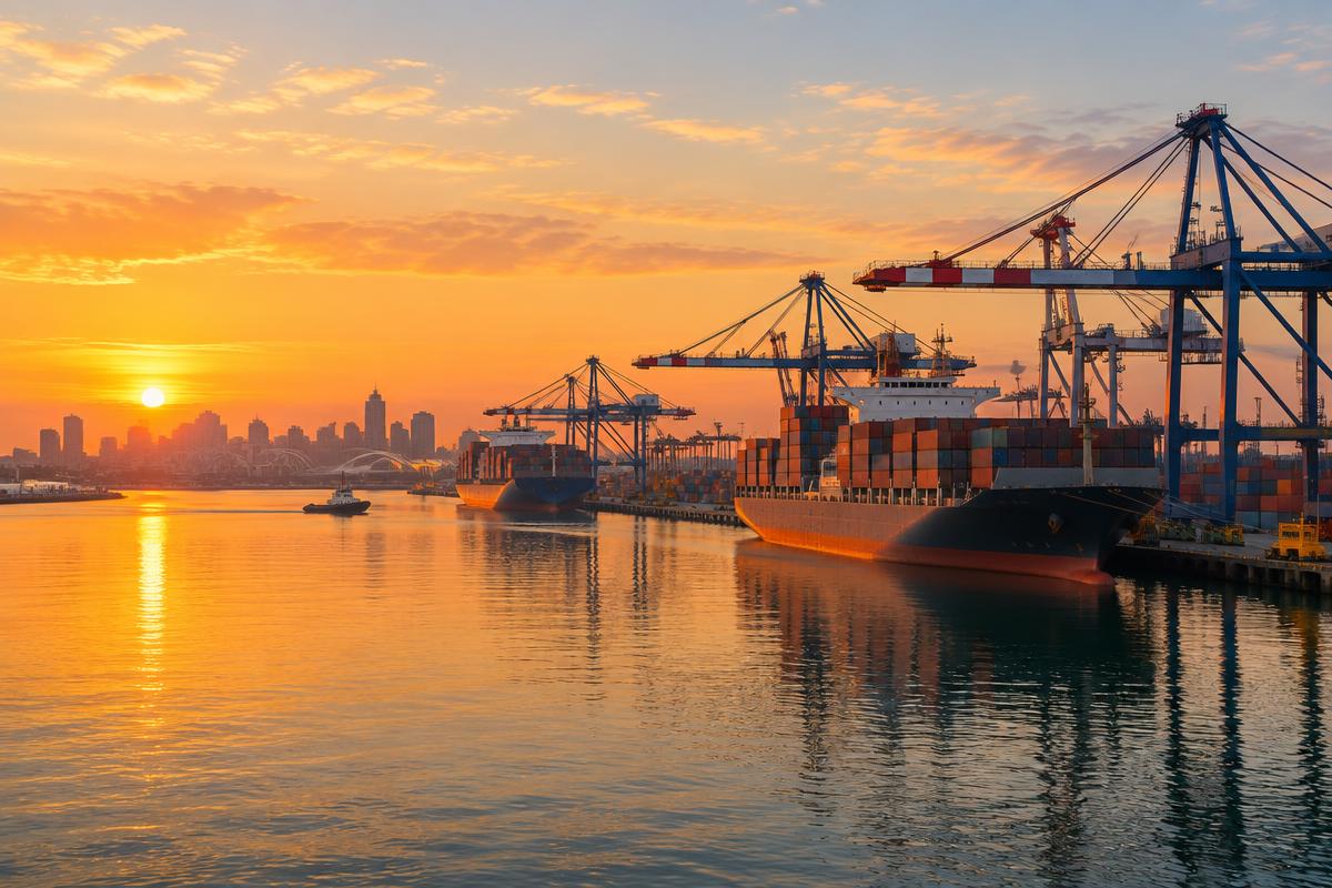 Durban harbour with ships and cranes at sunrise