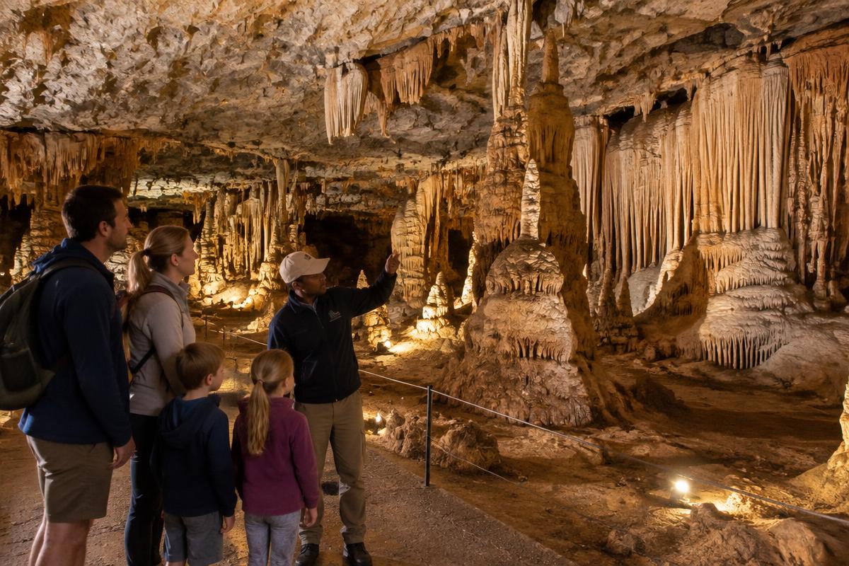 Family on a guided tour among stalactites in a limestone cave chamber like the Cango Caves