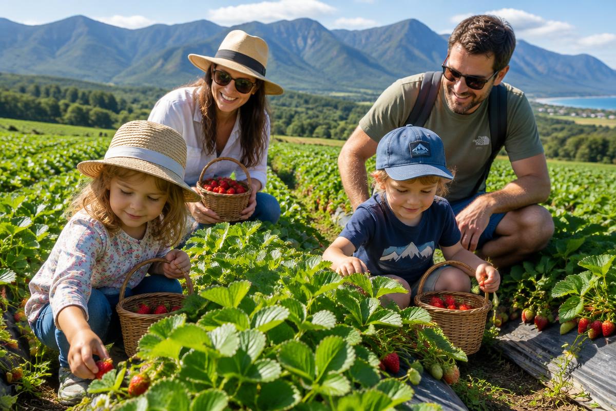 Family picking strawberries at a farm in George with the Outeniqua mountains behind