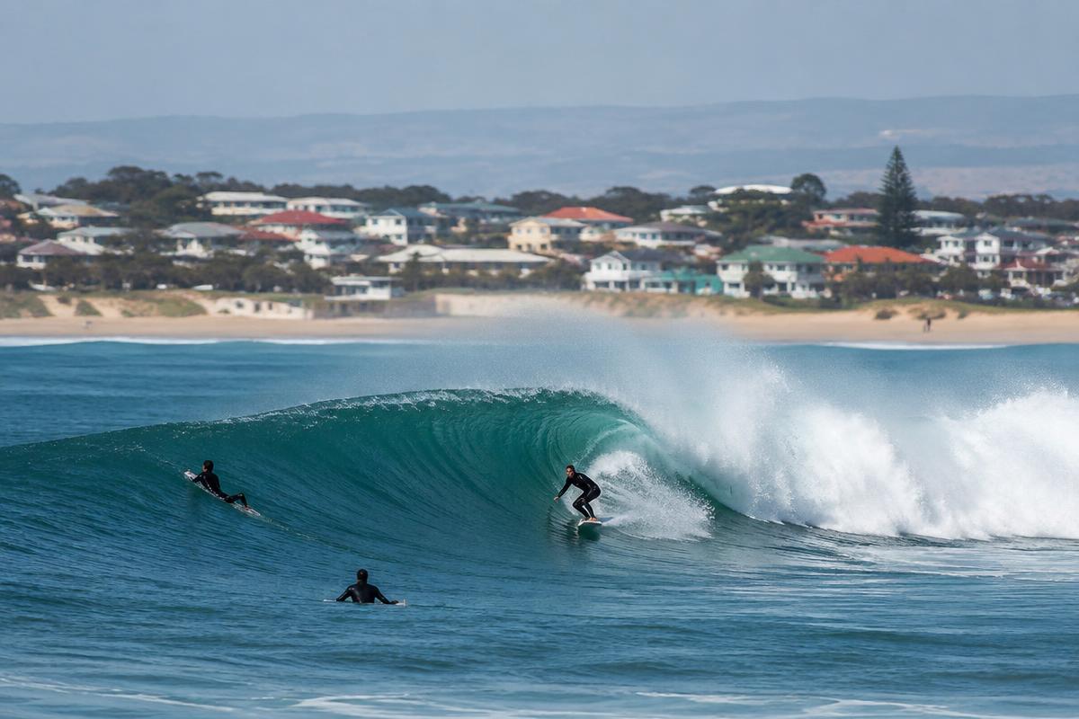 Surfers on the point break at Jeffreys Bay