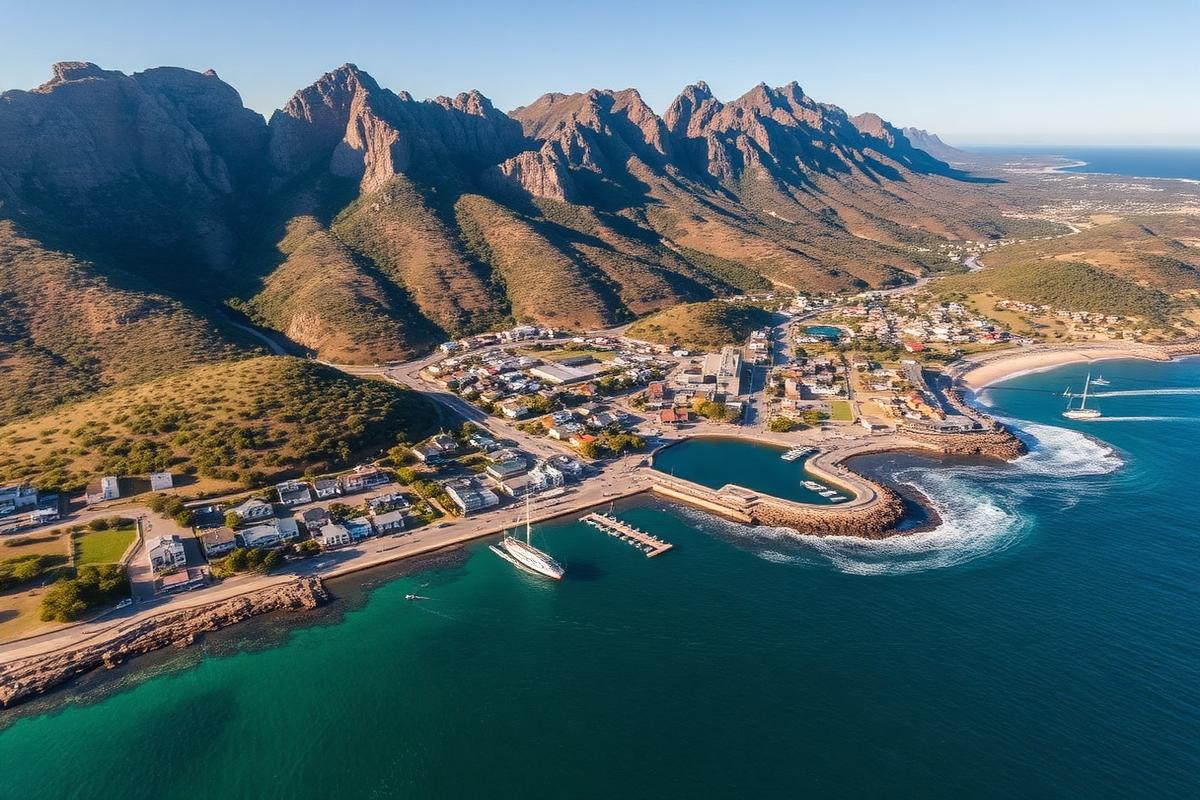 Aerial view of Kleinmond harbour and town