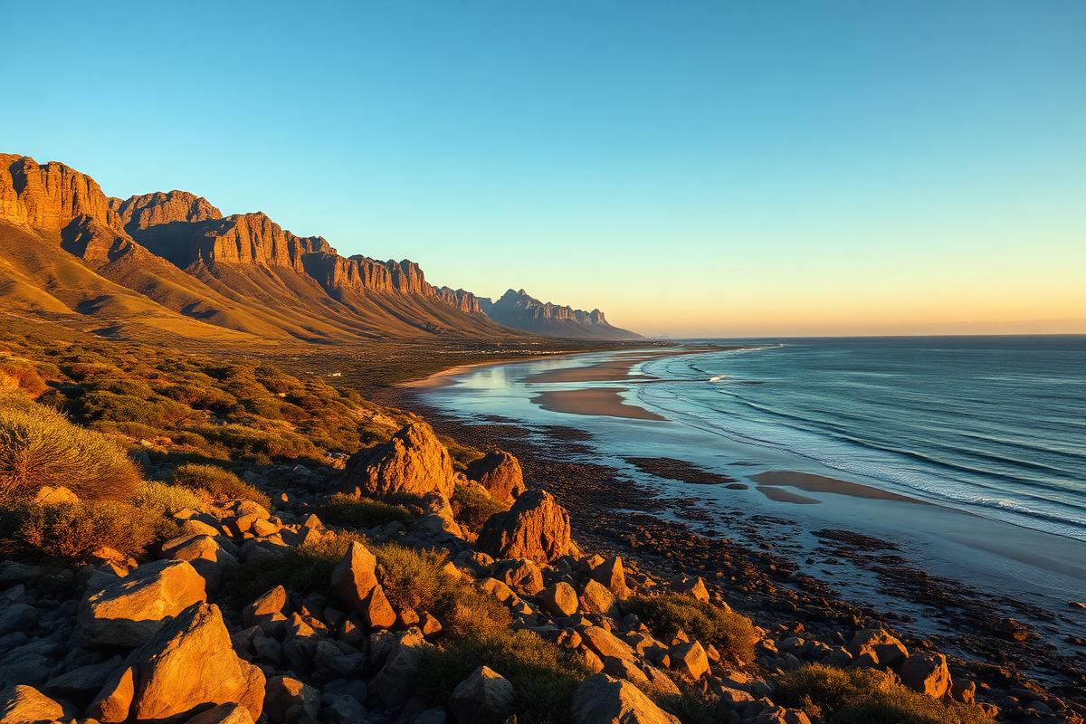 Kleinmond coastline with fynbos mountains