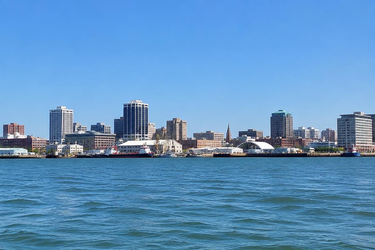 Gqeberha harbour and city skyline from the water