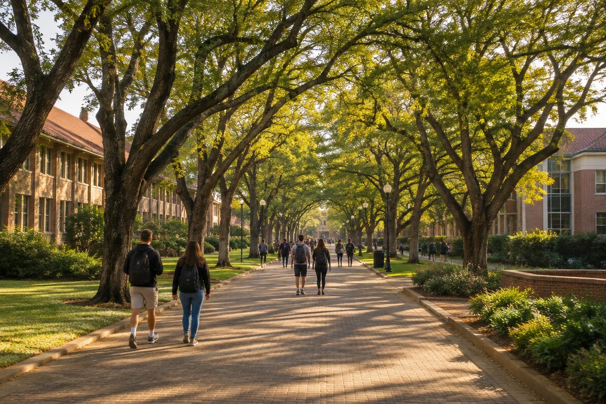 Oak-lined street in Potchefstroom with university buildings