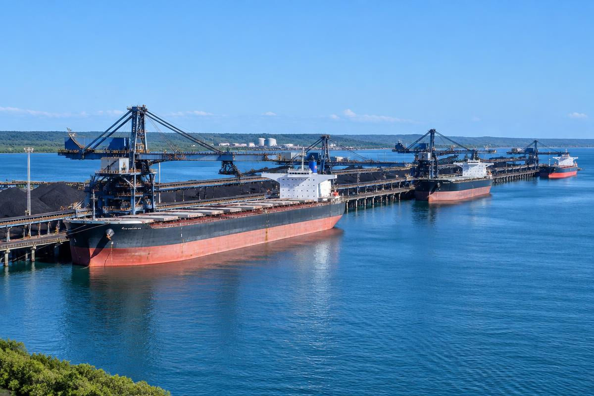 Richards Bay harbour with bulk carriers and cranes