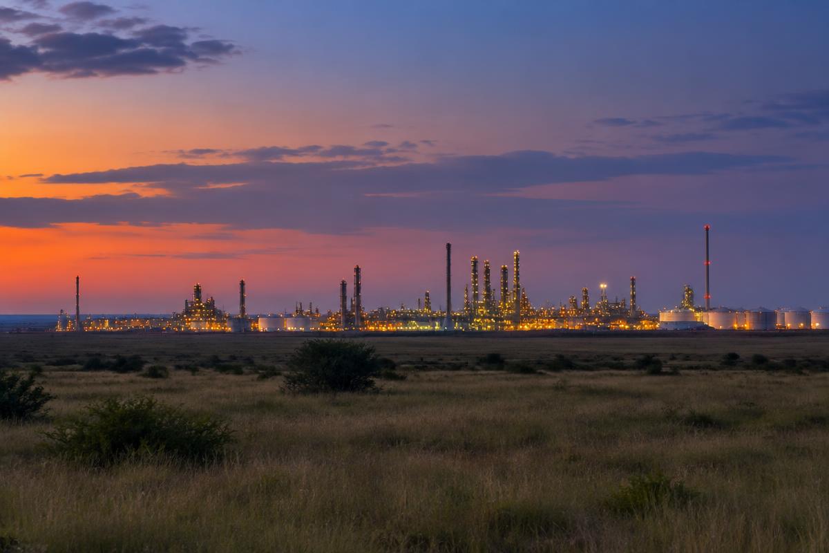 Industrial plant skyline on the highveld at dusk near Sasolburg
