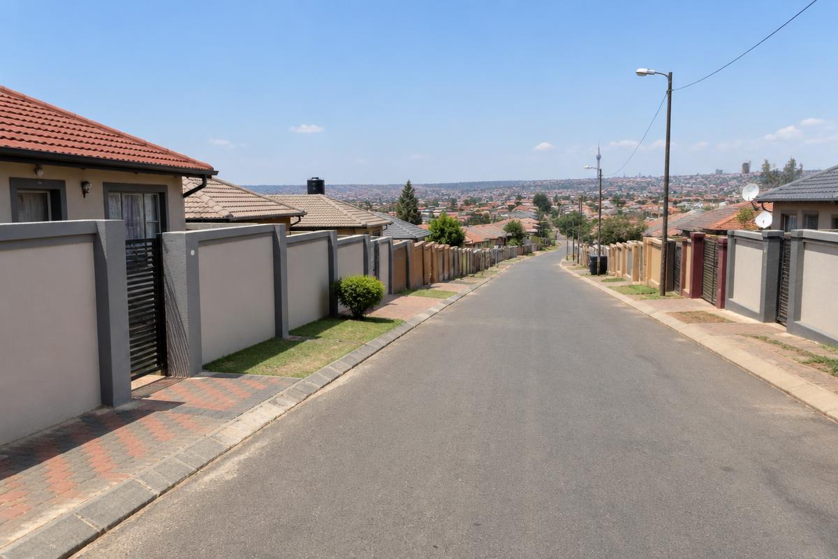 Row of township houses with paved street in Soweto