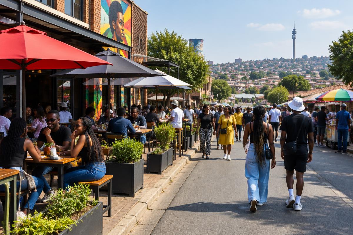 Busy Vilakazi Street with restaurants and visitors in Soweto