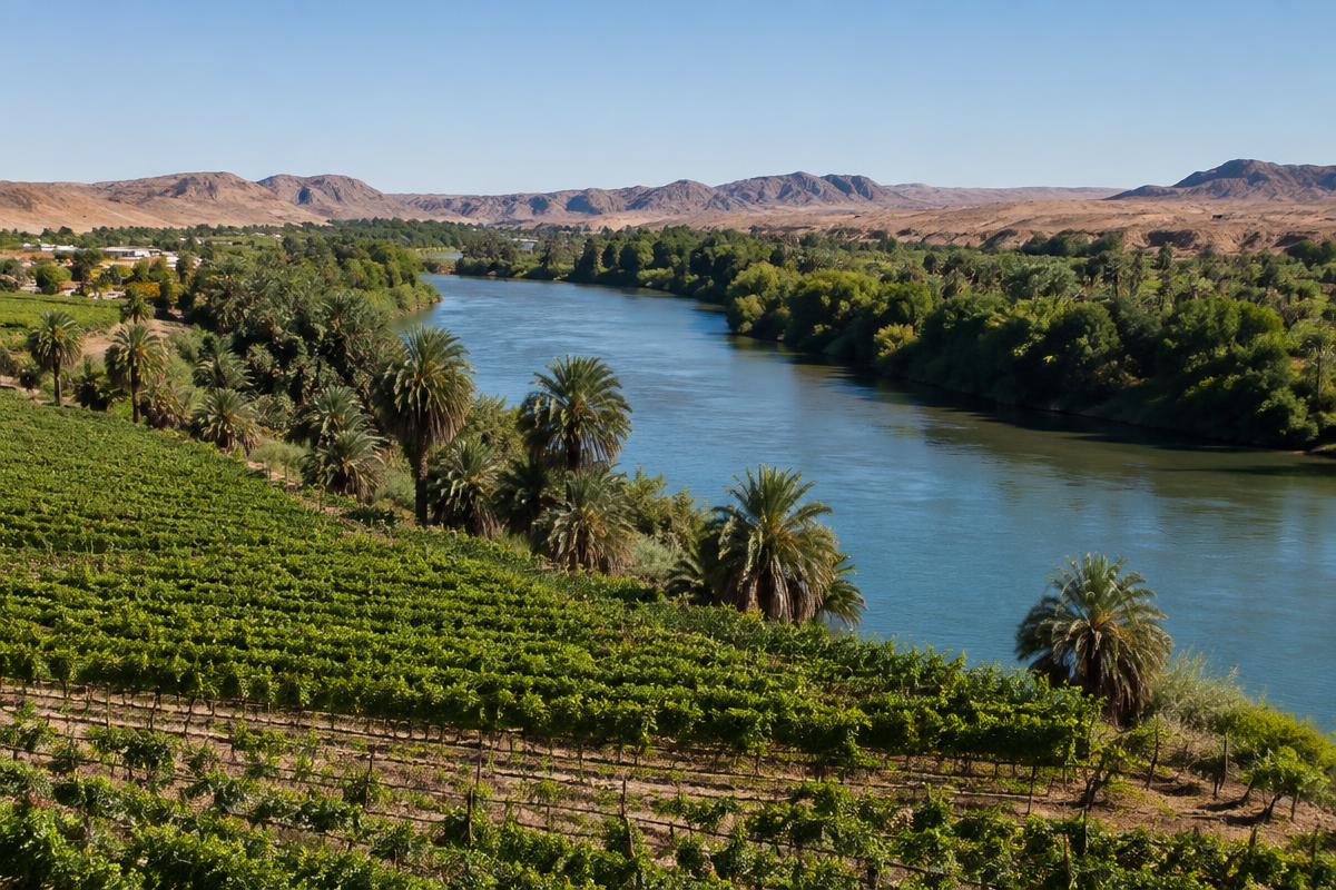 Orange River, vineyards and palms at Upington