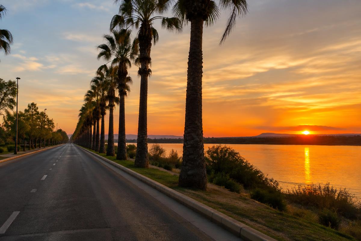Palm-lined river road at Upington at sunset